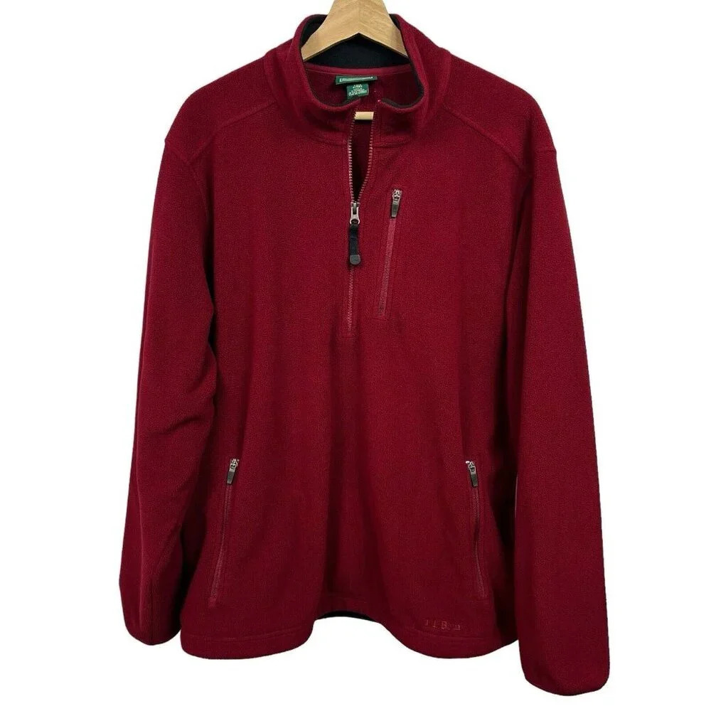 LL Bean Sweater Mens Large Red 1/4 Zip Fleece Pullover Mock Neck Outdoor Hiking